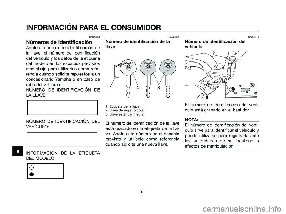 YAMAHA XMAX 250 2006 Manuale de Empleo (in Spanish) SAU26351
Números de identificación
Anote el número de identificación de
la llave, el número de identificación
del vehículo y los datos de la etiqueta
del modelo en los espacios previstos
más a YAMAHA XMAX 250 2006 Manuale de Empleo (in Spanish) SAU26351
Números de identificación
Anote el número de identificación de
la llave, el número de identificación
del vehículo y los datos de la etiqueta
del modelo en los espacios previstos
más a