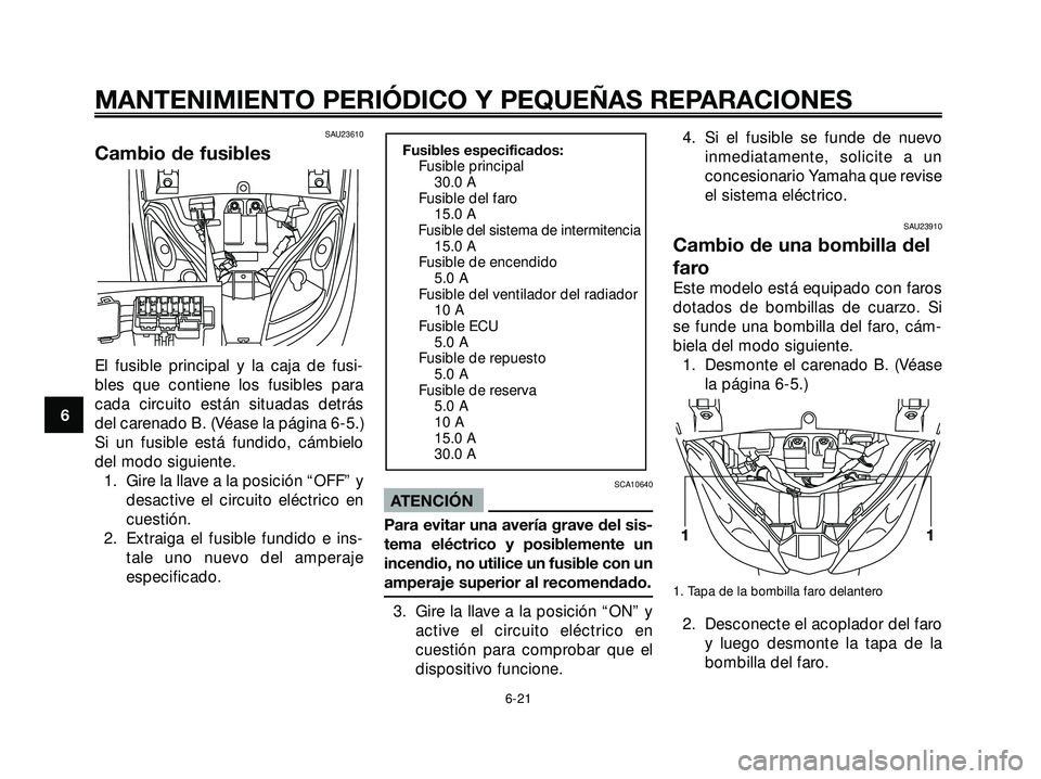 YAMAHA XMAX 250 2005 Manuale de Empleo (in Spanish) SAU23610
Cambio de fusibles
El fusible principal y la caja de fusi-
bles que contiene los fusibles para
cada circuito están situadas detrás
del carenado B. (Véase la página 6-5.)
Si un fusible est YAMAHA XMAX 250 2005 Manuale de Empleo (in Spanish) SAU23610
Cambio de fusibles
El fusible principal y la caja de fusi-
bles que contiene los fusibles para
cada circuito están situadas detrás
del carenado B. (Véase la página 6-5.)
Si un fusible est