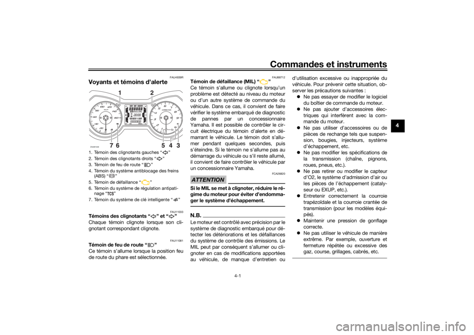 YAMAHA XMAX 300 2022 Notices Demploi (in French) Commandes et instruments
4-1
4
FAU4939R
Voyants et témoins d’alerte
FAU11033
Témoins des clignotants “ ” et “ ”
Chaque témoin clignote lorsque son cli-
gnotant correspondant clignote.
F YAMAHA XMAX 300 2022 Notices Demploi (in French) Commandes et instruments
4-1
4
FAU4939R
Voyants et témoins d’alerte
FAU11033
Témoins des clignotants “ ” et “ ”
Chaque témoin clignote lorsque son cli-
gnotant correspondant clignote.
F