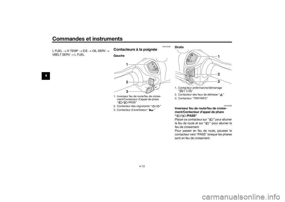 YAMAHA XMAX 300 2022  Notices Demploi (in French) Commandes et instruments
4-12
4
L FUEL   H TEMP   ICE   OIL SERV  
VBELT SERV   L FUEL
FAU1234R
Contacteurs à la poignéeGauche  Droite 
FAU54203
Inverseur feu 
de route/feu d e croise