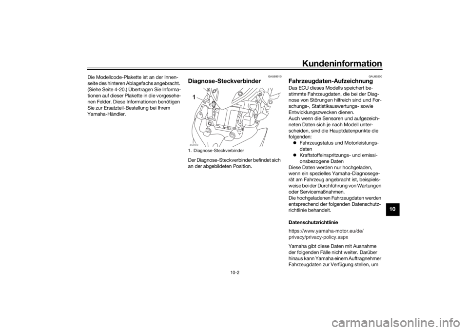 YAMAHA XMAX 300 2021  Betriebsanleitungen (in German) Kundeninformation
10-2
10
Die Modellcode-Plakette ist an der Innen-
seite des hinteren Ablagefachs angebracht. 
(Siehe Seite 4-20.) Übertragen Sie Informa-
tionen auf dieser Plakette in die vorgesehe