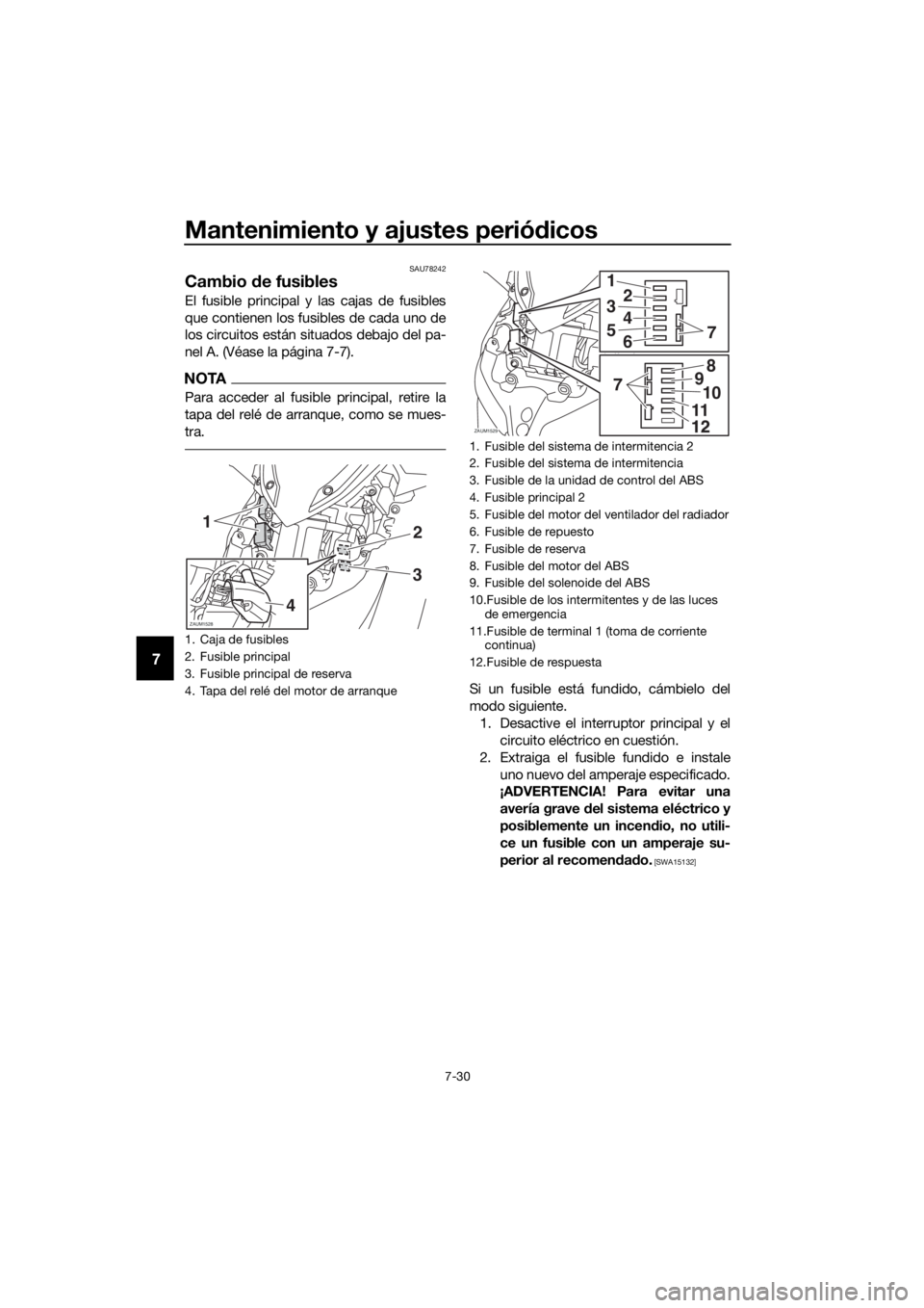 YAMAHA XMAX 300 2018 Manuale de Empleo (in Spanish) Mantenimiento y ajustes periódicos
7-30
7
SAU78242
Cambio de fusibles
El fusible principal y las cajas de fusibles
que contienen los fusibles de cada uno de
los circuitos están situados debajo del p YAMAHA XMAX 300 2018 Manuale de Empleo (in Spanish) Mantenimiento y ajustes periódicos
7-30
7
SAU78242
Cambio de fusibles
El fusible principal y las cajas de fusibles
que contienen los fusibles de cada uno de
los circuitos están situados debajo del p