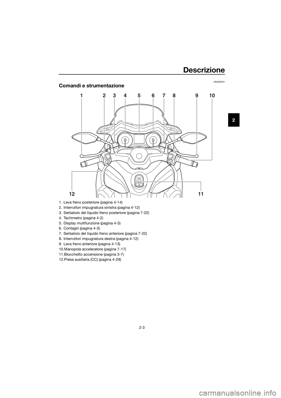 YAMAHA XMAX 300 2017  Manuale duso (in Italian) Descrizione
2-3
2
HAU63401
Comandi e strumentazione
10
1112
123987564
1. Leva freno posteriore (pagina 4-14)
2. Interruttori impugnatura sinistra (pagina 4-12)
3. Serbatoio del liquido freno posterior