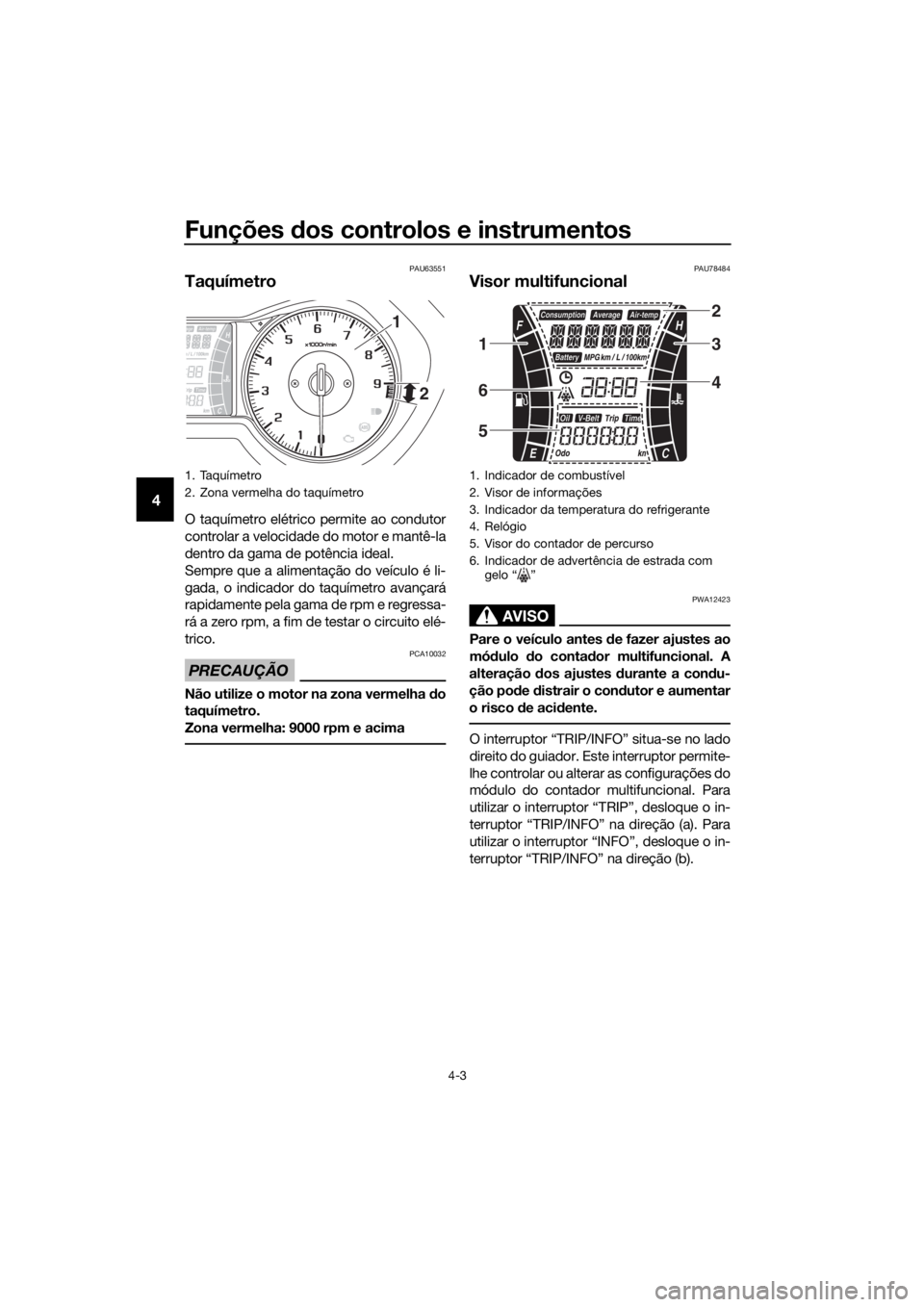 YAMAHA XMAX 300 2017  Manual de utilização (in Portuguese) Funções dos controlos e instrumentos
4-3
4
PAU63551
Taquímetro
O taquímetro elétrico permite ao condutor
controlar a velocidade do motor e mantê-la
dentro da gama de potência ideal.
Sempre que 