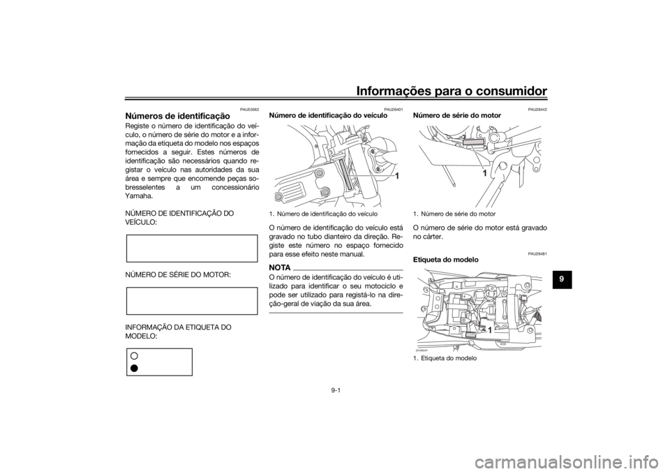 YAMAHA XSR 125 2021  Manual de utilização (in Portuguese) Informações para o consumidor
9-1
9
PAU53562
Números  de i dentificaçãoRegiste o número de identificação do veí-
culo, o número de série do motor e a infor-
mação da etiqueta do modelo no