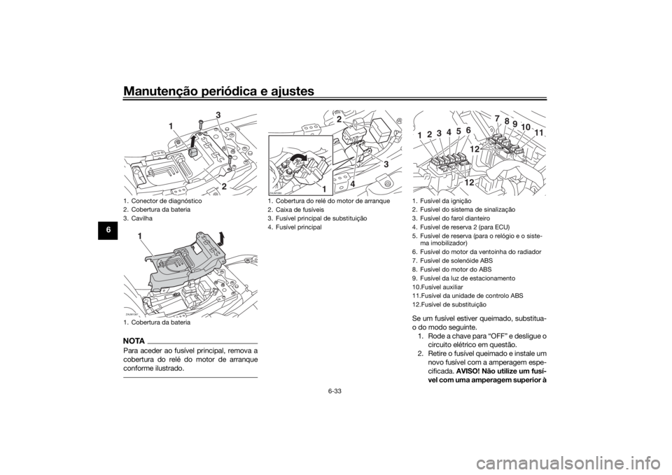 YAMAHA XSR 700 2018  Manual de utilização (in Portuguese) Manutenção periódica e ajustes
6-33
6
NOTAPara aceder ao fusível principal, remova a
cobertura do relé do motor de arranque
conforme ilustrado.
Se um fusível estiver queimado, substitua-
o do mo