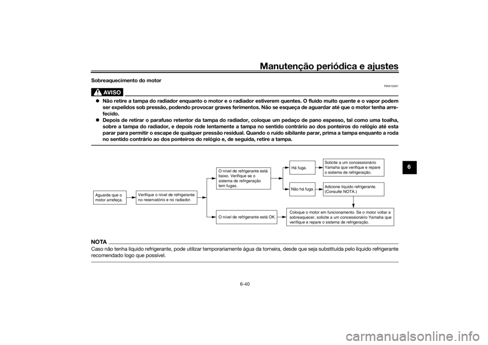 YAMAHA XSR 700 2018  Manual de utilização (in Portuguese) Manutenção periódica e ajustes
6-40
6
Sobreaquecimento do motor
AVISO
PWA10401
Não retire a tampa do radiador enquanto o motor e o radiador estiverem quentes. O fluido muito quente e o vapor po