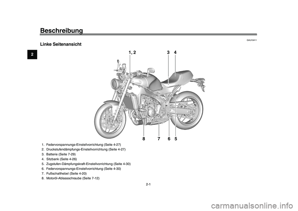 YAMAHA XSR 900 2022  Betriebsanleitungen (in German) 2-1
12
3
4
5
6
7
8
9
10
11
12
13
Beschreibung
GAU10411
Linke Seitenansicht
3
4
1, 2
765
8
1. Federvorspannungs-Einstellvorrichtung (Seite 4-27)
2. Druckstufendämpfungs-Einstellvorrichtung (Seite 4-27