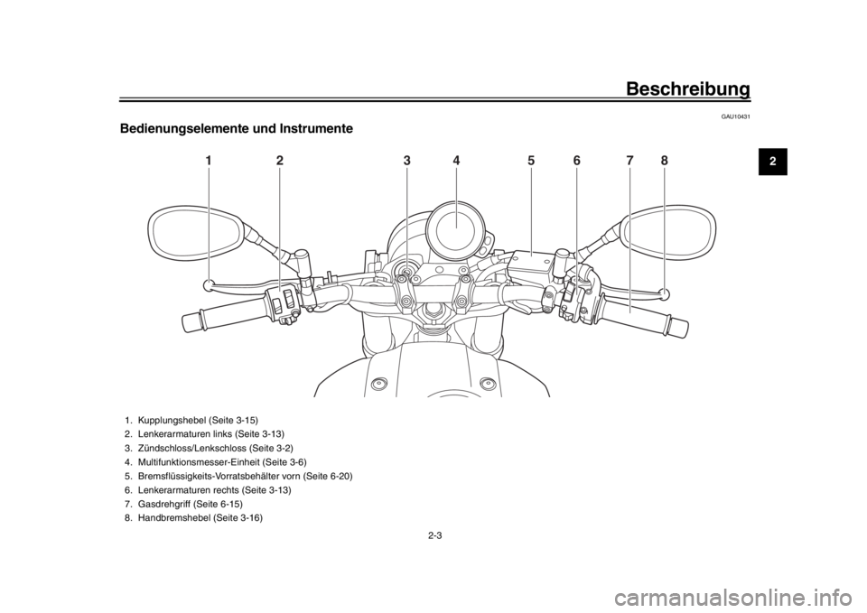 YAMAHA XSR 900 2019  Betriebsanleitungen (in German) Beschreibung
2-3
123
4
5
6
7
8
9
10
11
12
GAU10431
Bedienungselemente und Instrumente
1
2
5
4
3
6
7
8
1. Kupplungshebel (Seite 3-15)
2. Lenkerarmaturen links (Seite 3-13)
3. Zündschloss/Lenkschloss (
