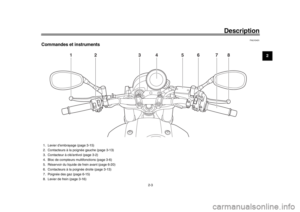 YAMAHA XSR 900 2018  Notices Demploi (in French) Description
2-3
123
4
5
6
7
8
9
10
11
12
FAU10431
Commandes et instruments
1
2
5
4
3
6
7
8
1. Levier d’embrayage (page 3-15)
2. Contacteurs à la poignée gauche (page 3-13)
3. Contacteur à clé/an
