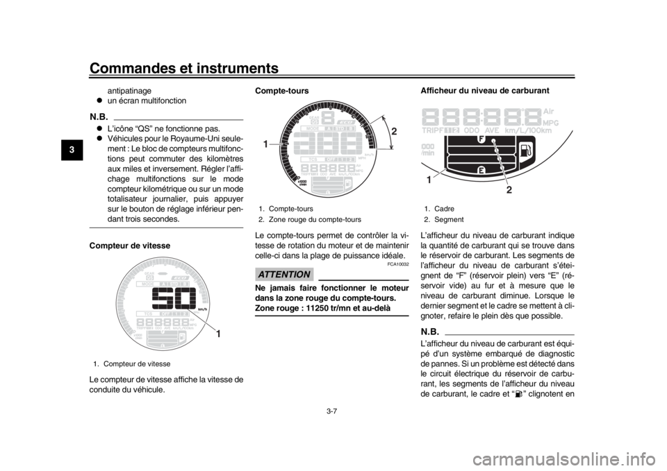 YAMAHA XSR 900 2018  Notices Demploi (in French) Commandes et instruments
3-7
1
23
4
5
6
7
8
9
10
11
12
antipatinage

un écran multifonction
N.B.
L’icône “QS” ne fonctionne pas.

Véhicules pour le Royaume-Uni seule-
ment : Le bloc 