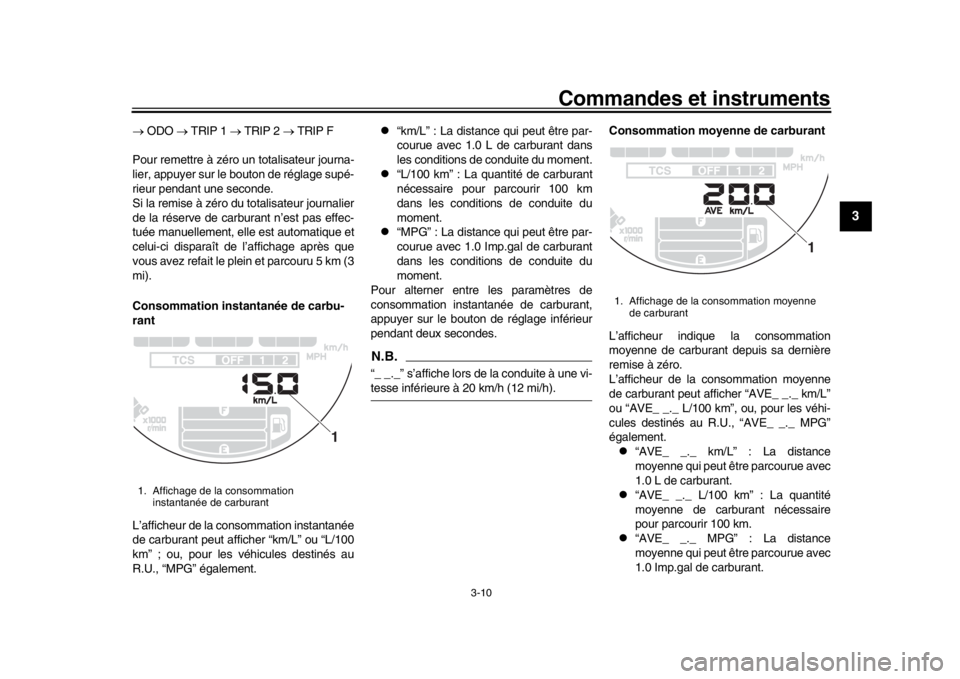 YAMAHA XSR 900 2018  Notices Demploi (in French) Commandes et instruments
3-10
1
234
5
6
7
8
9
10
11
12
  ODO   TRIP 1   TRIP 2   TRIP F
Pour remettre à zéro un totalisateur journa-
lier, appuyer sur le bouton de réglage supé-
rieur 