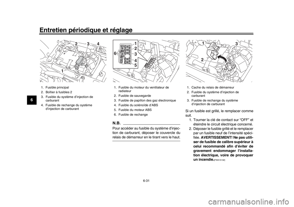 YAMAHA XSR 900 2018  Notices Demploi (in French) Entretien périodique et réglage
6-31
1
2
3
4
56
7
8
9
10
11
12
N.B.Pour accéder au fusible du système d’injec-
tion de carburant, déposer le couvercle durelais de démarreur en le tirant vers l