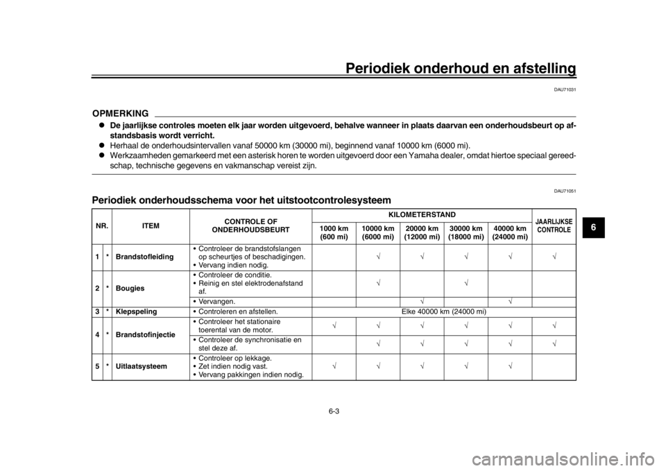 YAMAHA XSR 900 2018  Instructieboekje (in Dutch) Periodiek onderhoud en afstelling
6-3
1
2
3
4
567
8
9
10
11
12
DAU71031
OPMERKING
De jaarlijkse controles moeten elk jaar worden uitgevoerd,  behalve wanneer in plaats daarvan een onderhoudsbeurt o