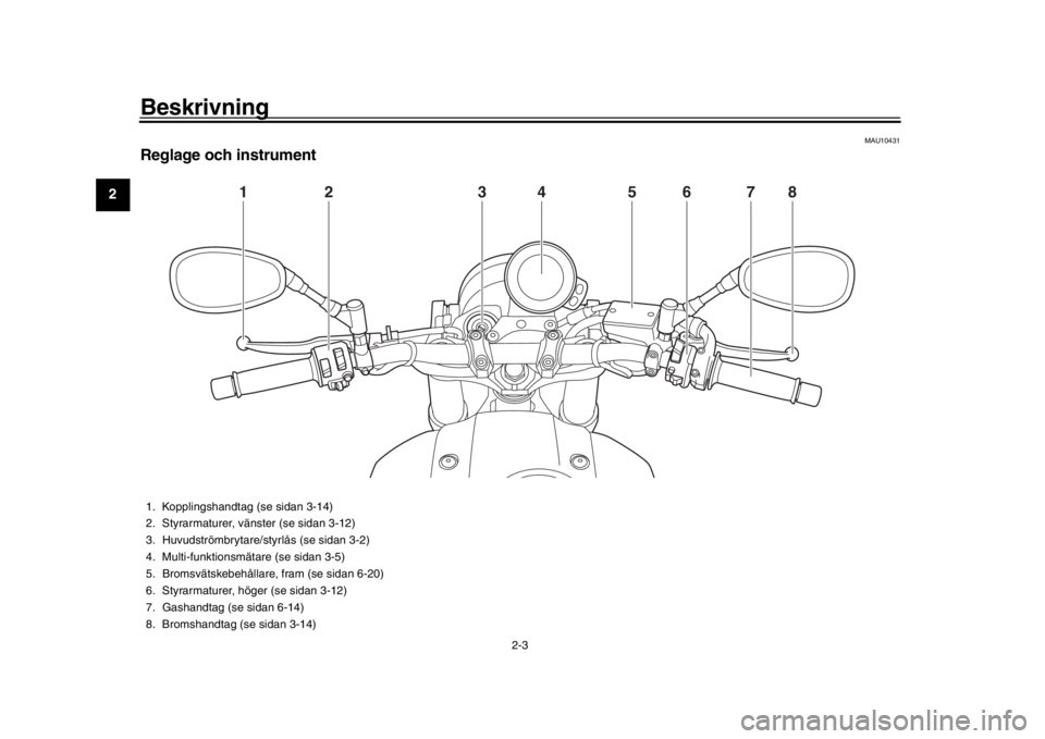 YAMAHA XSR 900 2018  Bruksanvisningar (in Swedish) Beskrivning
2-3
12
3
4
5
6
7
8
9
10
11
12
MAU10431
Reglage och instrument
1
2
5
4
3
6
7
8
1. Kopplingshandtag (se sidan 
3-14 )
2. Styrarmaturer, vänster (se sidan  3-12)
3. Huvudströmbrytare/styrl