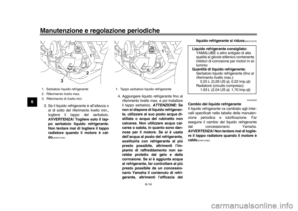 YAMAHA XSR 900 2017 Manuale duso (in Italian) Manutenzione e regolazione periodiche
6-14
1
2
3
4
56
7
8
9
10
11
12
3. Se il liquido refrigerante è all’altezza o al di sotto del riferimento livello min.,
togliere il tappo del serbatoio.
AVVERTE YAMAHA XSR 900 2017 Manuale duso (in Italian) Manutenzione e regolazione periodiche
6-14
1
2
3
4
56
7
8
9
10
11
12
3. Se il liquido refrigerante è all’altezza o al di sotto del riferimento livello min.,
togliere il tappo del serbatoio.
AVVERTE