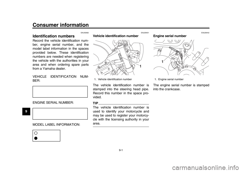 YAMAHA XSR 900 2016  Owners Manual 9-1
1
2
3
4
5
6
7
89
10
11
12
Consumer information
EAU53562
Identification numbersRecord the vehicle identification num-
ber, engine serial number, and the
model label information in the spaces
provid