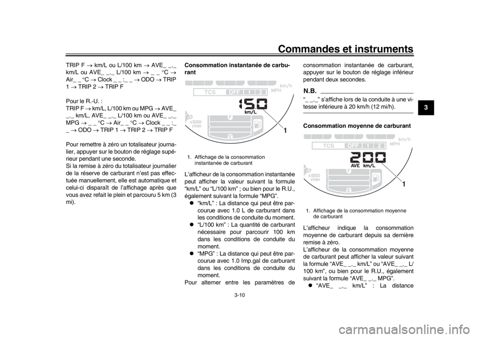YAMAHA XSR 900 2016  Notices Demploi (in French) Commandes et instruments
3-10
1
234
5
6
7
8
9
10
11
12
TRIP F   km/L ou L/100 km   AVE_ _._
km/L ou AVE_ _._ L/100 km   _ _ C 
Air_ _  C  Clock _ _ :_ _   ODO   TRIP
1   