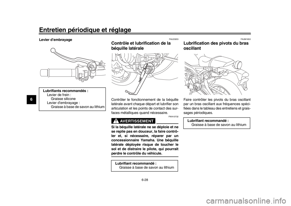 YAMAHA XSR 900 2016  Notices Demploi (in French) Entretien périodique et réglage
6-28
1
2
3
4
56
7
8
9
10
11
12
Levier d’embrayage
FAU23203
Contrôle et lubrification de la 
béquille latéraleContrôler le fonctionnement de la béquille
latéra