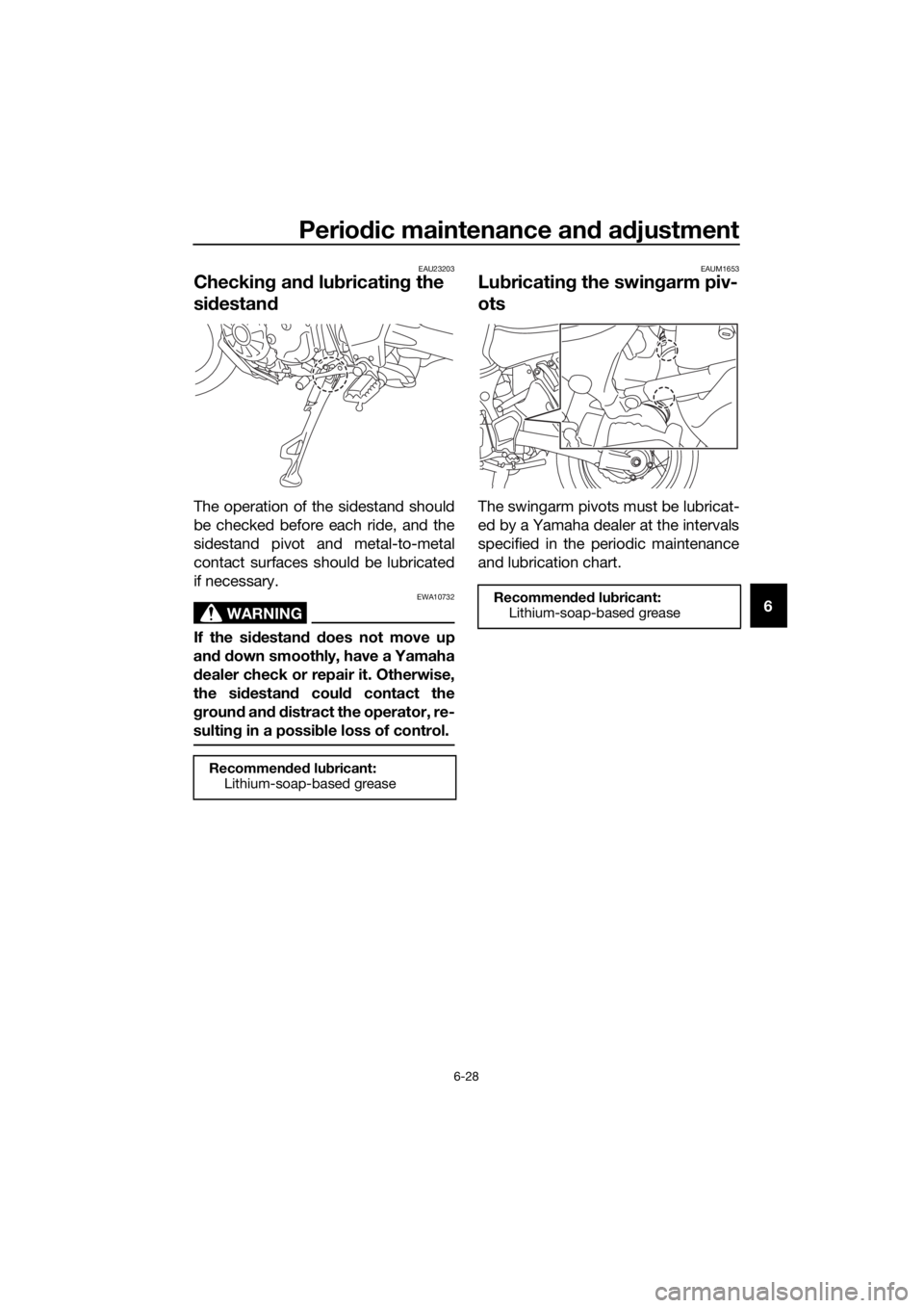 YAMAHA XT1200Z 2019  Owners Manual Periodic maintenance an d a djustment
6-28
6
EAU23203
Checkin g an d lu bricatin g the 
si destan d
The operation of the sidestand should
be checked before each ride, and the
sidestand pivot and metal