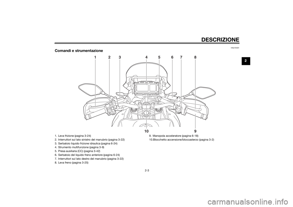 YAMAHA XT1200Z 2014  Manuale duso (in Italian) DESCRIZIONE
2-3
2
HAU10431
Comandi e strumentazione
1
9
10
2
3
4
5
6
7
8
1. Leva frizione (pagina 3-24)
2. Interruttori sul lato sinistro del manubrio (pagina 3-22)
3. Serbatoio liquido frizione idrau