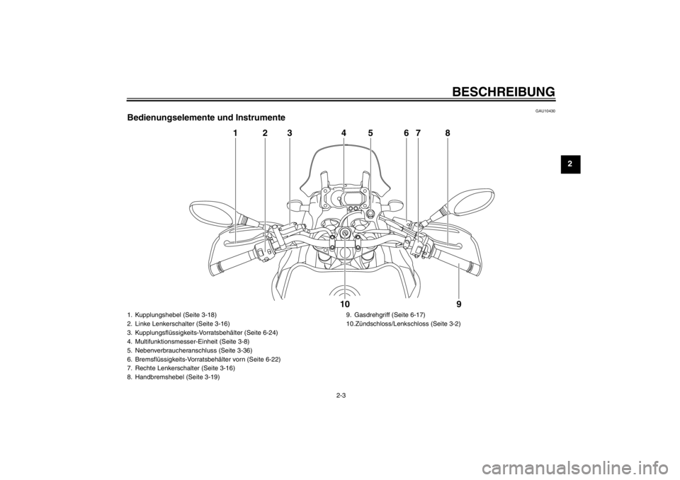 YAMAHA XT1200Z 2013  Betriebsanleitungen (in German) BESCHREIBUNG
2-3
2
GAU10430
Bedienungselemente und Instrumente
8
7654
321
9
10
1. Kupplungshebel (Seite 3-18)
2. Linke Lenkerschalter (Seite 3-16)
3. Kupplungsflüssigkeits-Vorratsbehälter (Seite 6-2