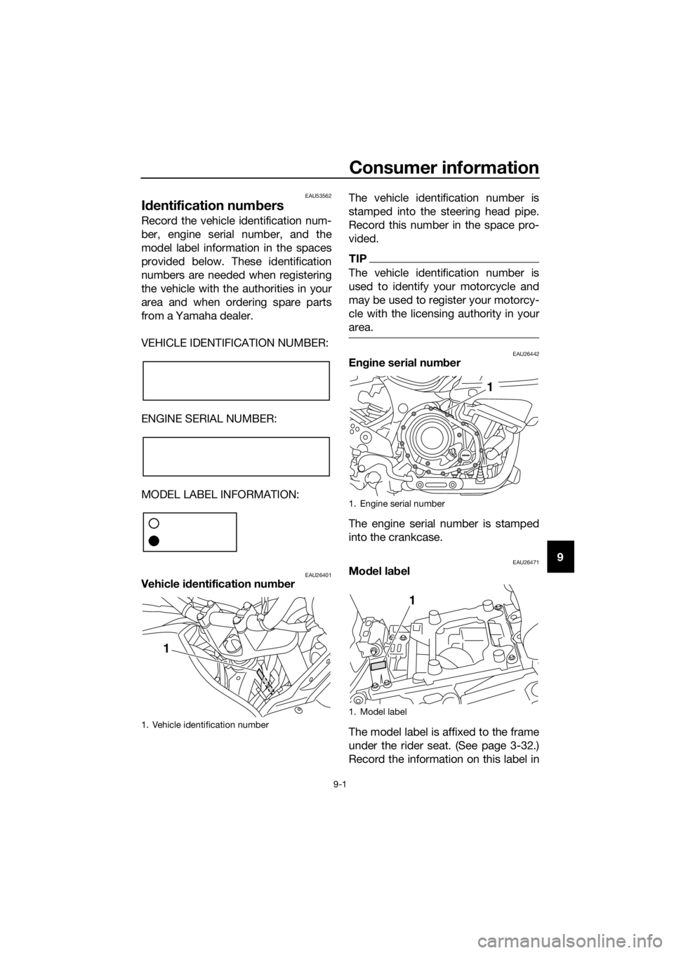 YAMAHA XT1200ZE 2019  Owners Manual Consumer information
9-1
9
EAU53562
Id entification num bers
Record the vehicle identification num-
ber, engine serial number, and the
model label information in the spaces
provided below. These ident