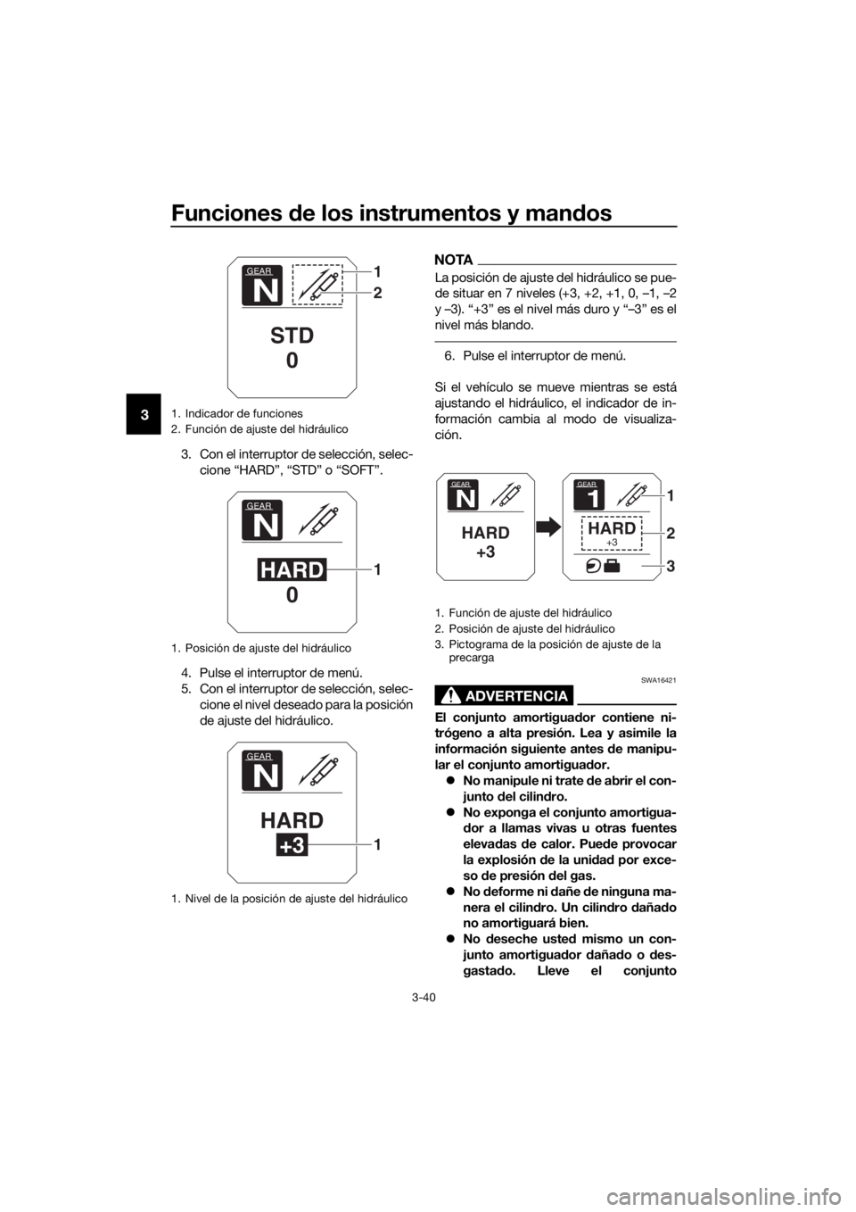 YAMAHA XT1200ZE 2019 Manuale de Empleo (in Spanish) Funciones de los instrumentos y man dos
3-40
3
3. Con el interruptor de selección, selec-
cione “HARD”, “STD” o “SOFT”.
4. Pulse el interruptor de menú.
5. Con el interruptor de selecci YAMAHA XT1200ZE 2019 Manuale de Empleo (in Spanish) Funciones de los instrumentos y man dos
3-40
3
3. Con el interruptor de selección, selec-
cione “HARD”, “STD” o “SOFT”.
4. Pulse el interruptor de menú.
5. Con el interruptor de selecci