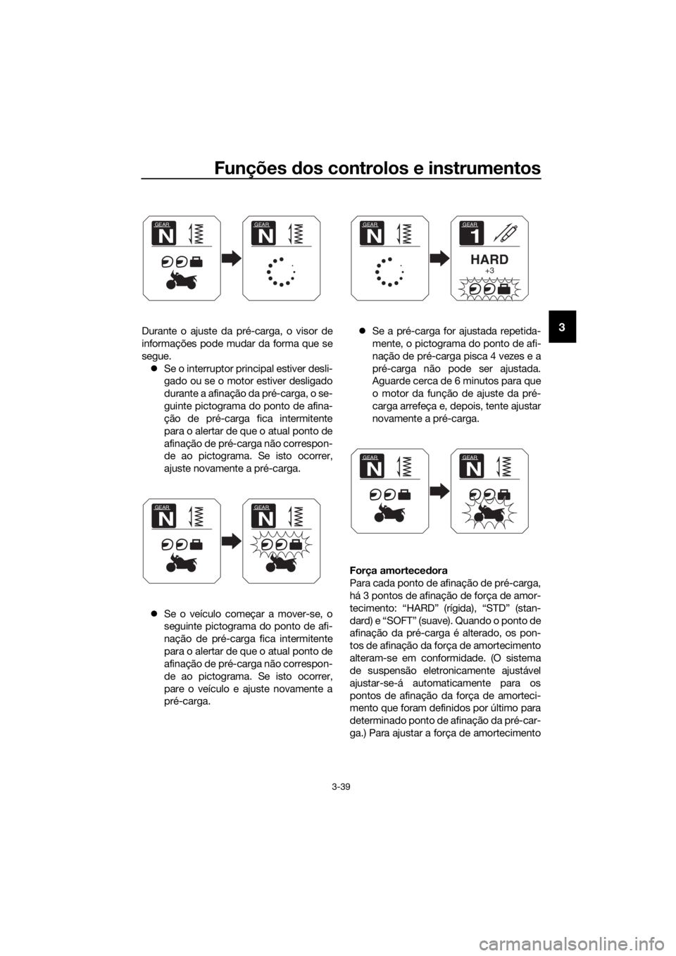 YAMAHA XT1200ZE 2019 Manual de utilização (in Portuguese) Funções dos controlos e instrumentos
3-39
3Durante o ajuste da pré-carga, o visor de
informações pode mudar da forma que se
segue.
Se o interruptor principal estiver desli-
gado ou se o motor YAMAHA XT1200ZE 2019 Manual de utilização (in Portuguese) Funções dos controlos e instrumentos
3-39
3Durante o ajuste da pré-carga, o visor de
informações pode mudar da forma que se
segue.
Se o interruptor principal estiver desli-
gado ou se o motor