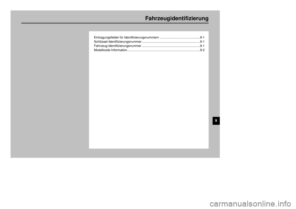 YAMAHA XT600E 2000  Betriebsanleitungen (in German) 9
Fahrzeugidentifizierung
Eintragungsfelder fŸr Identifizierungsnummern..............................................9-1
SchlŸssel-Identifizierungsnummer.............................................