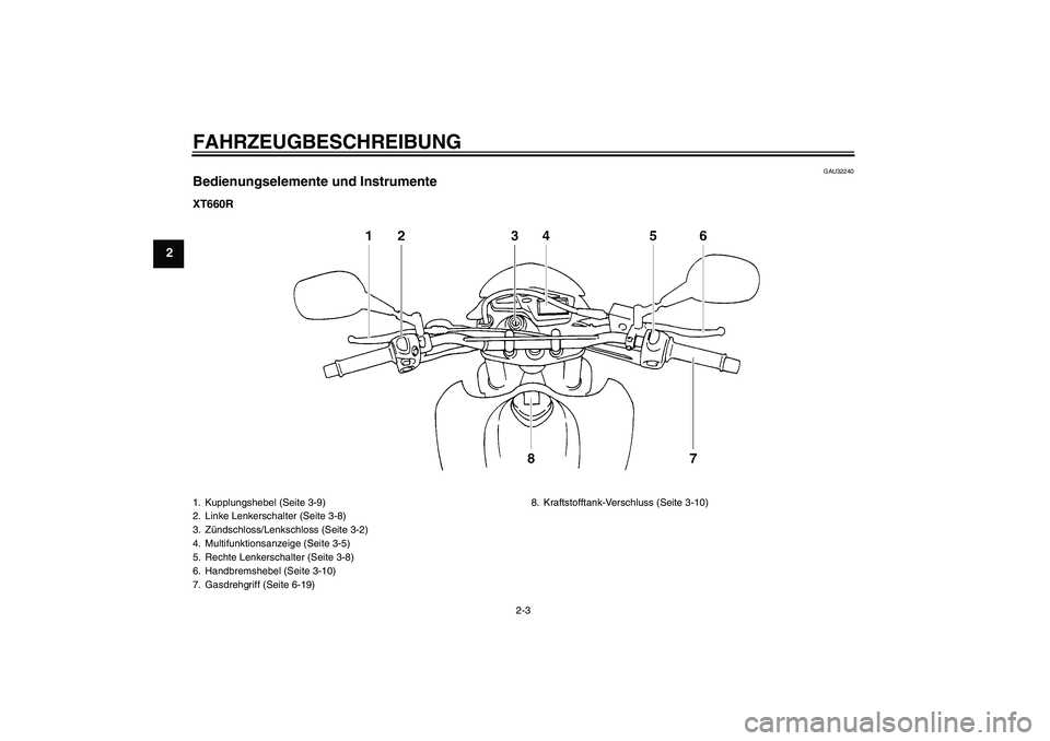 YAMAHA XT660R 2007  Betriebsanleitungen (in German) FAHRZEUGBESCHREIBUNG
2-3
2
GAU32240
Bedienungselemente und InstrumenteXT660R1. Kupplungshebel (Seite 3-9)
2. Linke Lenkerschalter (Seite 3-8)
3. Zündschloss/Lenkschloss (Seite 3-2)
4. Multifunktionsa