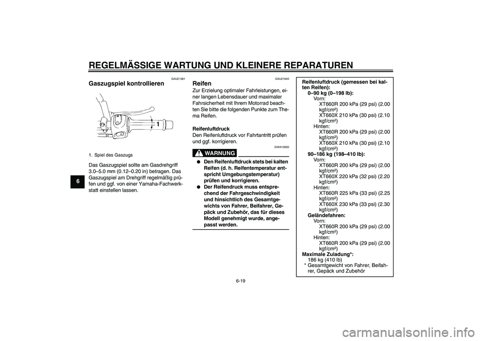 YAMAHA XT660R 2007 Betriebsanleitungen (in German) REGELMÄSSIGE WARTUNG UND KLEINERE REPARATUREN
6-19
6
GAU21381
Gaszugspiel kontrollieren Das Gaszugspiel sollte am Gasdrehgriff
3.0–5.0 mm (0.12–0.20 in) betragen. Das
Gaszugspiel am Drehgriff r YAMAHA XT660R 2007 Betriebsanleitungen (in German) REGELMÄSSIGE WARTUNG UND KLEINERE REPARATUREN
6-19
6
GAU21381
Gaszugspiel kontrollieren Das Gaszugspiel sollte am Gasdrehgriff
3.0–5.0 mm (0.12–0.20 in) betragen. Das
Gaszugspiel am Drehgriff r