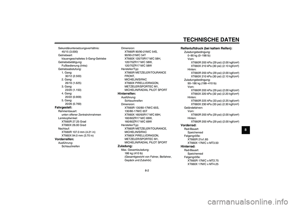 YAMAHA XT660R 2008 Betriebsanleitungen (in German) TECHNISCHE DATEN
8-2
8
Sekundäruntersetzungsverhältnis:
45/15 (3.000)
Getriebeart:
klauengeschaltetes 5-Gang-Getriebe
Getriebebetätigung:
Fußbedienung (links)
Getriebeabstufung:
1. Gang:
30/12 (2. YAMAHA XT660R 2008 Betriebsanleitungen (in German) TECHNISCHE DATEN
8-2
8
Sekundäruntersetzungsverhältnis:
45/15 (3.000)
Getriebeart:
klauengeschaltetes 5-Gang-Getriebe
Getriebebetätigung:
Fußbedienung (links)
Getriebeabstufung:
1. Gang:
30/12 (2.