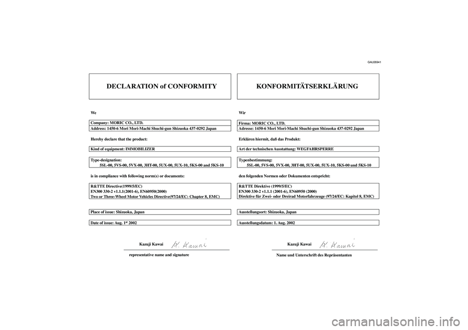YAMAHA XT660R 2004 Betriebsanleitungen (in German) DECLARATION of CONFORMITY
We
Hereby declare that the product:
is in compliance with following norm(s) or documents: Type-designation:
5SL-00, 5VS-00, 5VX-00, 3HT-00, 5UX-00, 5UX-10, 5KS-00 an YAMAHA XT660R 2004 Betriebsanleitungen (in German) DECLARATION of CONFORMITY
We
Hereby declare that the product:
is in compliance with following norm(s) or documents: Type-designation:
5SL-00, 5VS-00, 5VX-00, 3HT-00, 5UX-00, 5UX-10, 5KS-00 an