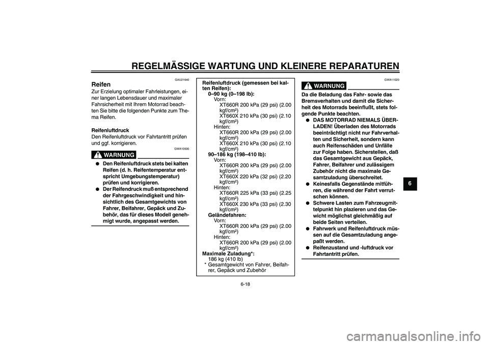 YAMAHA XT660R 2004 Betriebsanleitungen (in German) REGELMÄSSIGE WARTUNG UND KLEINERE REPARATUREN
6-18
6
GAU21640
Reifen Zur Erzielung optimaler Fahrleistungen, ei-
ner langen Lebensdauer und maximaler
Fahrsicherheit mit Ihrem Motorrad beach-
ten Sie YAMAHA XT660R 2004 Betriebsanleitungen (in German) REGELMÄSSIGE WARTUNG UND KLEINERE REPARATUREN
6-18
6
GAU21640
Reifen Zur Erzielung optimaler Fahrleistungen, ei-
ner langen Lebensdauer und maximaler
Fahrsicherheit mit Ihrem Motorrad beach-
ten Sie