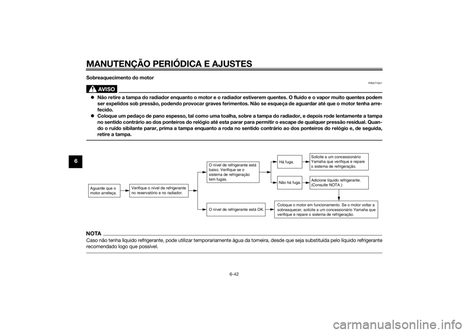 YAMAHA XT660Z 2015 Manual de utilização (in Portuguese) MANUTENÇÃO PERIÓDICA E AJUSTES
6-42
6
Sobreaquecimento do motor
AVISO
PWAT1041
Não retire a tampa do radiador enquanto o motor e o radiador estiverem quentes. O fluido e o vapor muito quentes p YAMAHA XT660Z 2015 Manual de utilização (in Portuguese) MANUTENÇÃO PERIÓDICA E AJUSTES
6-42
6
Sobreaquecimento do motor
AVISO
PWAT1041
Não retire a tampa do radiador enquanto o motor e o radiador estiverem quentes. O fluido e o vapor muito quentes p