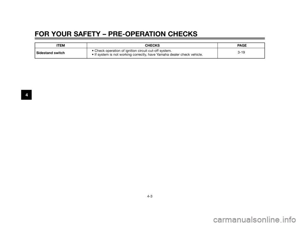 YAMAHA XT660Z 2013  Owners Manual ITEM CHECKS PAGE
Sidestand switch • Check operation of ignition circuit cut-off system.
• If system is not working correctly, have Yamaha dealer check vehicle.3-19
FOR YOUR SAFETY – PRE-OPERATIO