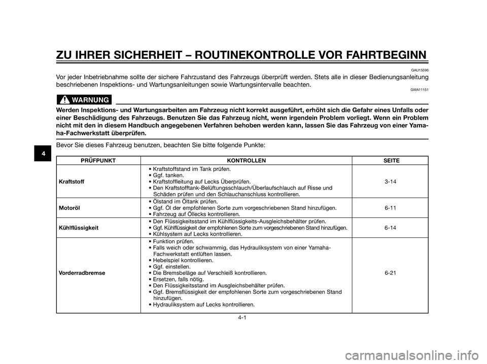 YAMAHA XT660Z 2012 Betriebsanleitungen (in German) ZU IHRER SICHERHEIT – ROUTINEKONTROLLE VOR FAHRTBEGINN
4-1
4
GAU15596
Vor jeder Inbetriebnahme sollte der sichere Fahrzustand des Fahrzeugs überprüft werden. Stets alle in dieser Bedienungsanleitu YAMAHA XT660Z 2012 Betriebsanleitungen (in German) ZU IHRER SICHERHEIT – ROUTINEKONTROLLE VOR FAHRTBEGINN
4-1
4
GAU15596
Vor jeder Inbetriebnahme sollte der sichere Fahrzustand des Fahrzeugs überprüft werden. Stets alle in dieser Bedienungsanleitu