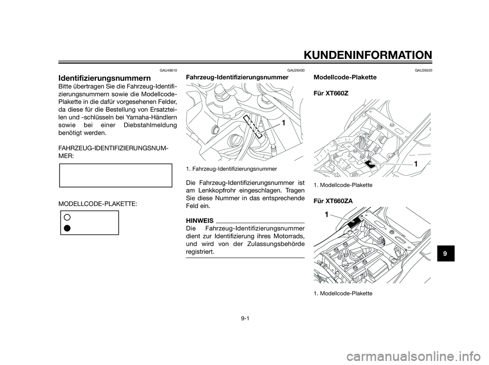 YAMAHA XT660Z 2013  Betriebsanleitungen (in German) GAU48610
Identifizierungsnummern
Bitte übertragen Sie die Fahrzeug-Identifi-
zierungsnummern sowie die Modellcode-
Plakette in die dafür vorgesehenen Felder,
da diese für die Bestellung von Ersatzt