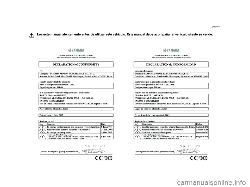 YAMAHA XT660Z 2013 Manuale de Empleo (in Spanish) SAU26945
Lea este manual atentamente antes de utilizar este vehículo. Este manual debe acompañar al vehículo si este se vende.
General manager of quality assurance div. Date of issue: 1 Aug. 2002 P YAMAHA XT660Z 2013 Manuale de Empleo (in Spanish) SAU26945
Lea este manual atentamente antes de utilizar este vehículo. Este manual debe acompañar al vehículo si este se vende.
General manager of quality assurance div. Date of issue: 1 Aug. 2002 P