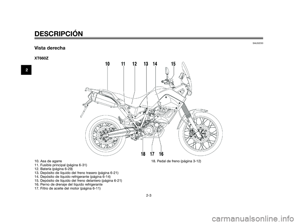 YAMAHA XT660Z 2013  Manuale de Empleo (in Spanish) SAU32230
Vista derecha
XT660Z
DESCRIPCIÓN
2-3
2
10. Asa de agarre
11. Fusible principal (página 6-31)
12. Batería (página 6-29)
13. Depósito de líquido del freno trasero (página 6-21)
14. Depó