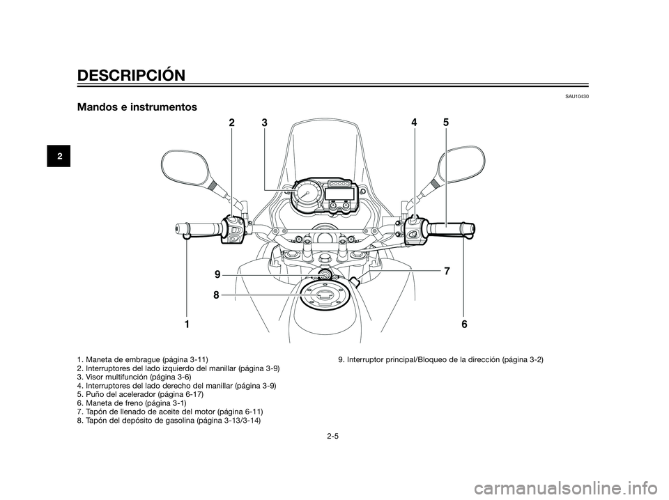 YAMAHA XT660Z 2013  Manuale de Empleo (in Spanish) SAU10430
Mandos e instrumentos
DESCRIPCIÓN
2-5
2
1. Maneta de embrague (página 3-11)
2. Interruptores del lado izquierdo del manillar (página 3-9)
3. Visor multifunción (página 3-6)
4. Interrupto