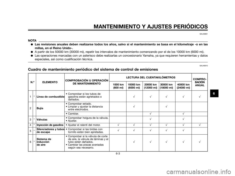 YAMAHA XT660Z 2013  Manuale de Empleo (in Spanish) MANTENIMIENTO Y AJUSTES PERIÓDICOS
6-3
6
SAU46861
NOTA
Las revisiones anuales deben realizarse todos los años, salvo si el mantenimiento se basa en el kilometraje -o en las
millas, en el Reino Unid