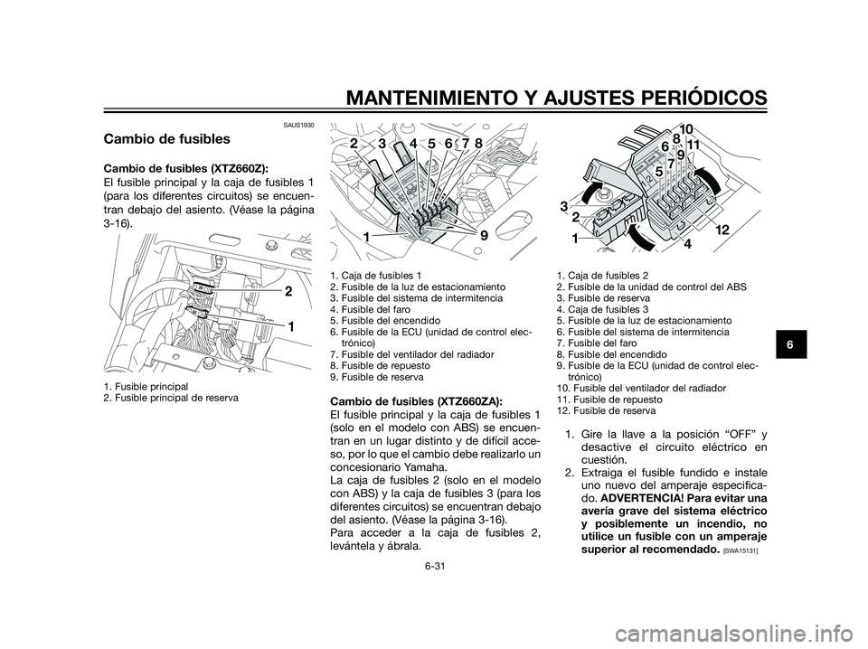 YAMAHA XT660Z 2013 Manuale de Empleo (in Spanish) SAUS1930
Cambio de fusibles
Cambio de fusibles (XTZ660Z):
El fusible principal y la caja de fusibles 1
(para los diferentes circuitos) se encuen-
tran debajo del asiento. (Véase la página
3-16).
1. YAMAHA XT660Z 2013 Manuale de Empleo (in Spanish) SAUS1930
Cambio de fusibles
Cambio de fusibles (XTZ660Z):
El fusible principal y la caja de fusibles 1
(para los diferentes circuitos) se encuen-
tran debajo del asiento. (Véase la página
3-16).
1.