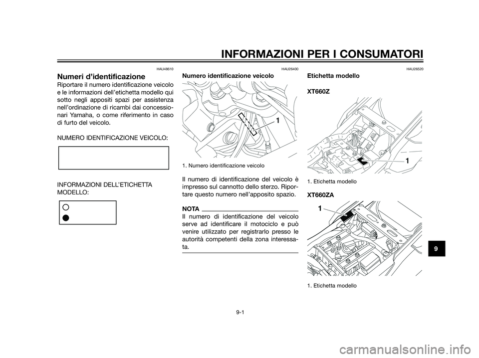 YAMAHA XT660Z 2013  Manuale duso (in Italian) HAU48610
Numeri d’identificazione
Riportare il numero identificazione veicolo
e le informazioni dell’etichetta modello qui
sotto negli appositi spazi per assistenza
nell’ordinazione di ricambi d