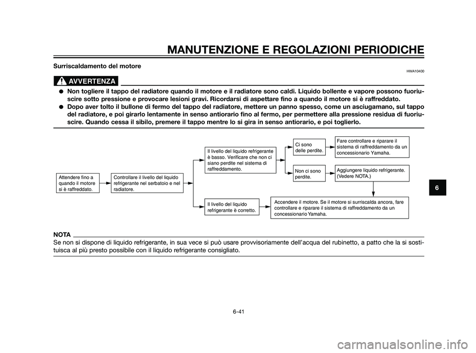 YAMAHA XT660Z 2011 Manuale duso (in Italian) Surriscaldamento del motoreHWA10400
Non togliere il tappo del radiatore quando il motore e il radiatore sono caldi. Liquido bollente e vapore possono fuoriu-
scire sotto pressione e provocare lesioni YAMAHA XT660Z 2011 Manuale duso (in Italian) Surriscaldamento del motoreHWA10400
Non togliere il tappo del radiatore quando il motore e il radiatore sono caldi. Liquido bollente e vapore possono fuoriu-
scire sotto pressione e provocare lesioni