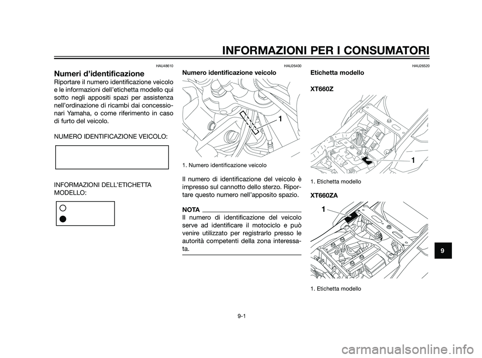 YAMAHA XT660Z 2011  Manuale duso (in Italian) HAU48610
Numeri d’identificazione
Riportare il numero identificazione veicolo
e le informazioni dell’etichetta modello qui
sotto negli appositi spazi per assistenza
nell’ordinazione di ricambi d