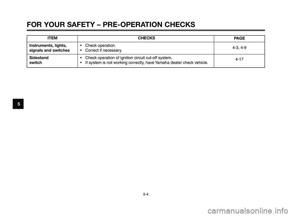 YAMAHA XT660Z 2010  Owners Manual FOR YOUR SAFETY – PRE-OPERATION CHECKS
5-4
1
2
3
4
5
6
7
8
9
10
ITEM
Instruments, lights,
signals and switches
Sidestand 
switchCHECKS
 Check operation.
 Correct if necessary.
 Check operation of ig