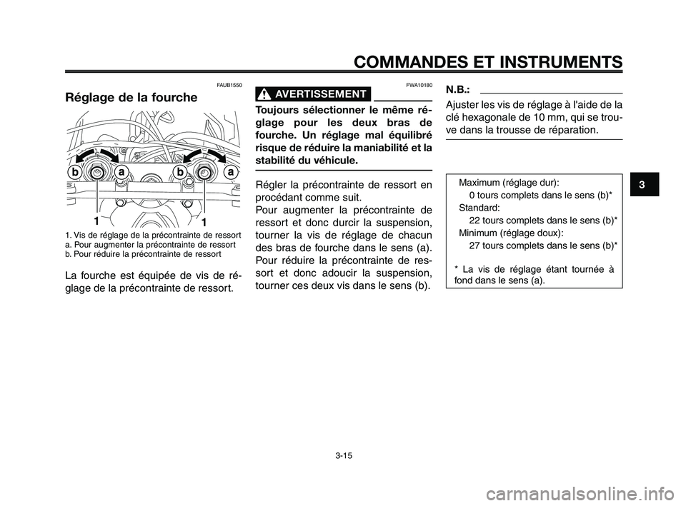YAMAHA XT660Z 2008 Notices Demploi (in French)
1
2
3
4
5
6
7
8
9
10
COMMANDES ET INSTRUMENTS
3-15
FAUB1550
Réglage de la fourche
1. Vis de réglage de la précontrainte de ressort
a. Pour augmenter la précontrainte de ressort
b. Pour réduire l YAMAHA XT660Z 2008 Notices Demploi (in French)
1
2
3
4
5
6
7
8
9
10
COMMANDES ET INSTRUMENTS
3-15
FAUB1550
Réglage de la fourche
1. Vis de réglage de la précontrainte de ressort
a. Pour augmenter la précontrainte de ressort
b. Pour réduire l