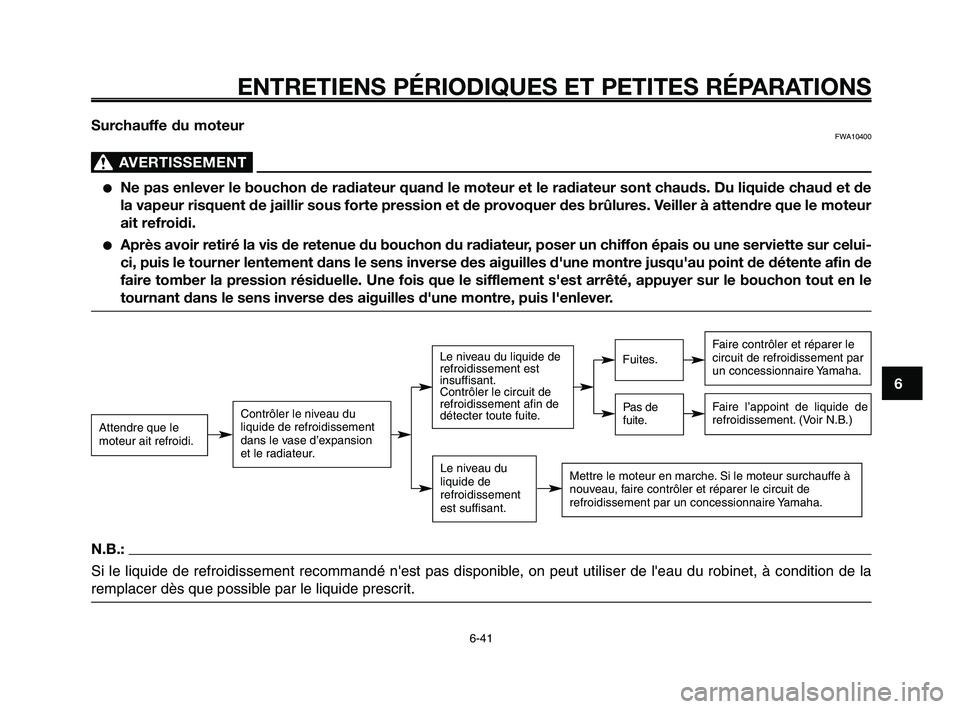 YAMAHA XT660Z 2008 Notices Demploi (in French)
1
2
3
4
5
6
7
8
9
10
ENTRETIENS PÉRIODIQUES ET PETITES RÉPARATIONS
6-41
Surchauffe du moteurFWA10400
AVERTISSEMENT0
●Ne pas enlever le bouchon de radiateur quand le moteur et le radiateur s\
ont YAMAHA XT660Z 2008 Notices Demploi (in French)
1
2
3
4
5
6
7
8
9
10
ENTRETIENS PÉRIODIQUES ET PETITES RÉPARATIONS
6-41
Surchauffe du moteurFWA10400
AVERTISSEMENT0
●Ne pas enlever le bouchon de radiateur quand le moteur et le radiateur s\
ont